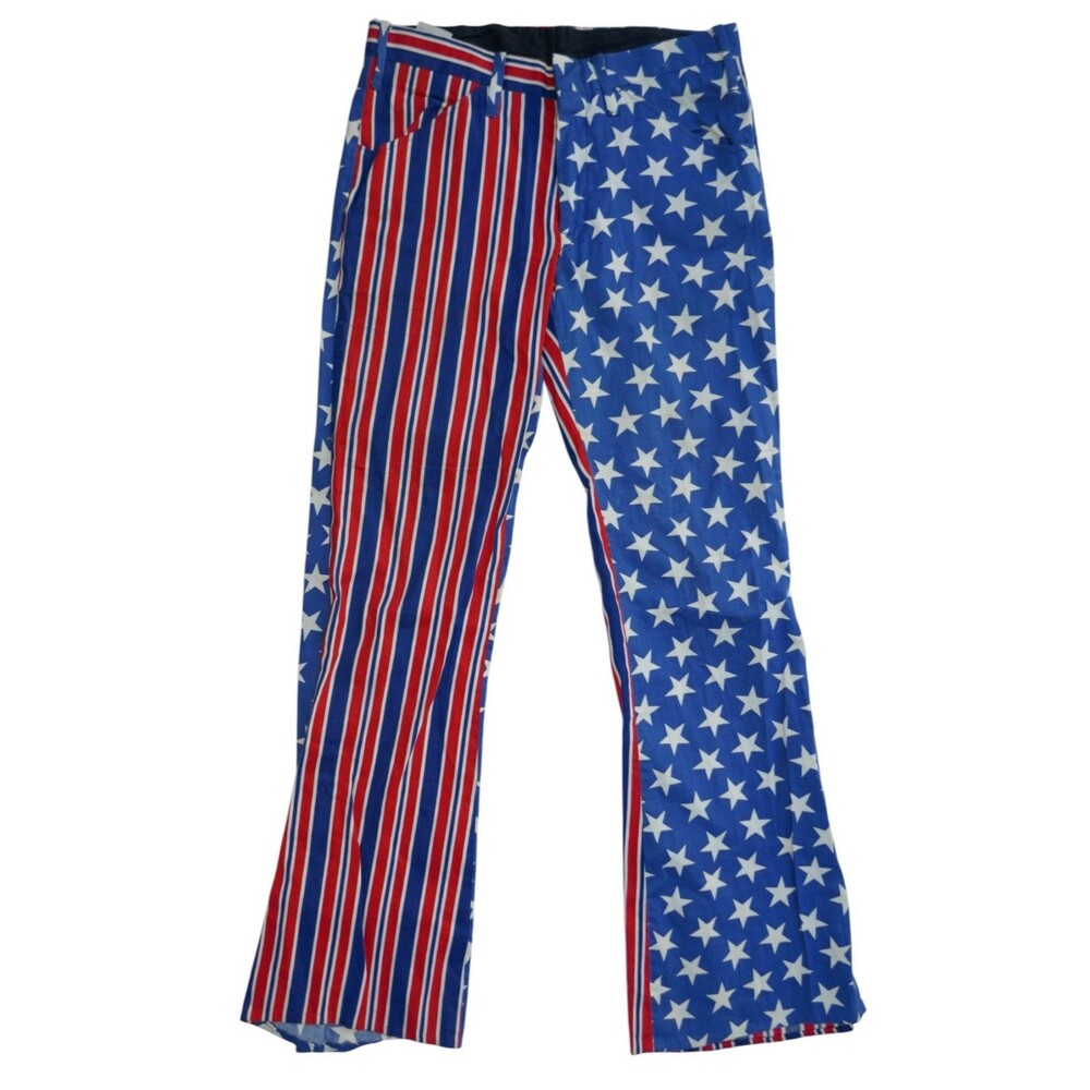 Male Slacks Patriotic American Flag Denim Hip Hugger Bell Bottoms Size 28x29